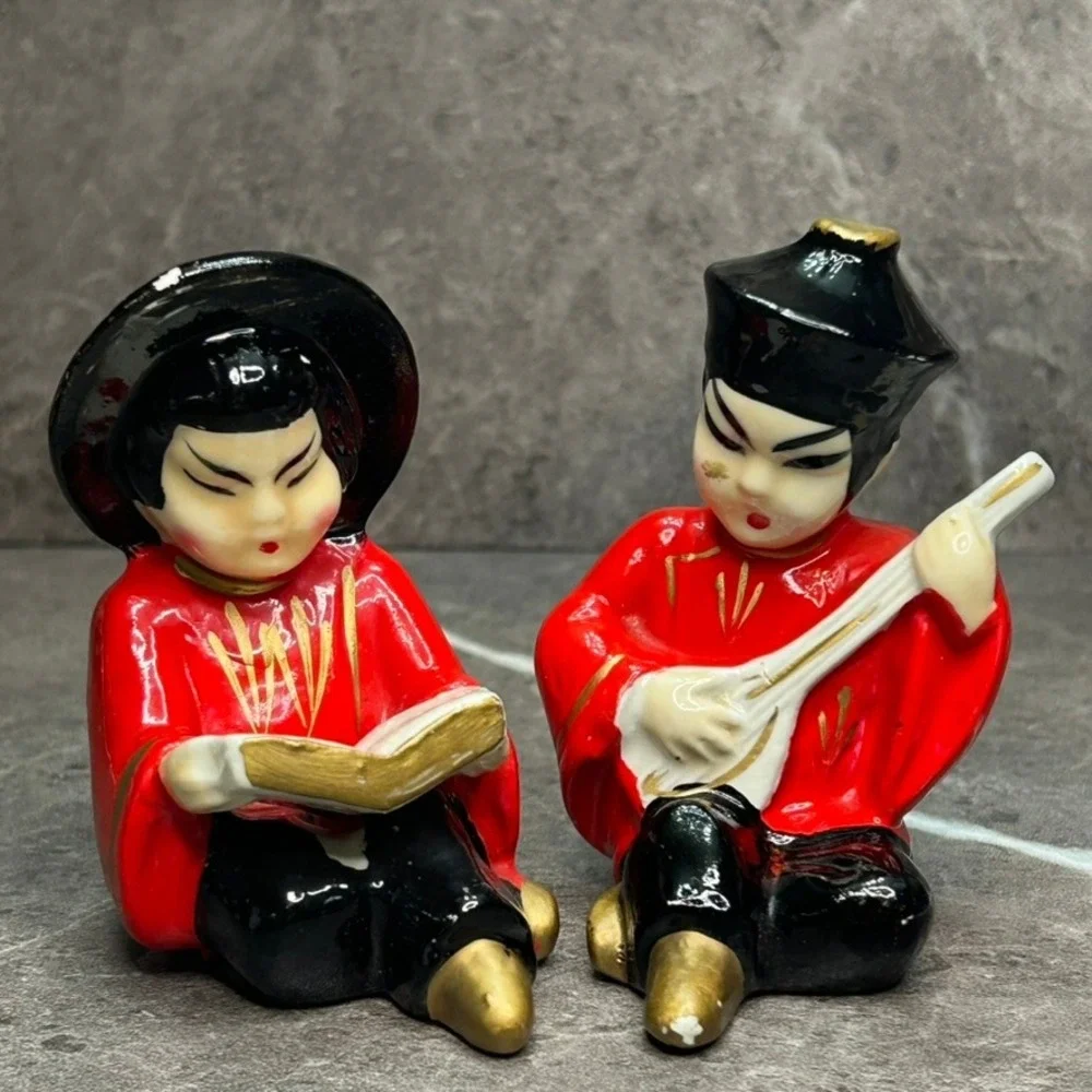 Vintage Asian Boy and Girl Ceramic Salt and Pepper Shakers Red Black Gold Set